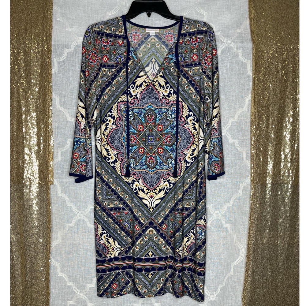 Westport 1962 Floral V Neck Tassel Dress Navy White Size 8